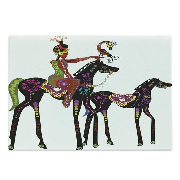 Ethnic Cutting Board, Abstract Design of a Woman on a Horse with a Bird Animal Fun Image, Decorative Tempered Glass Cutting and Serving Board, Large Size, Multicolor, by Ambesonne