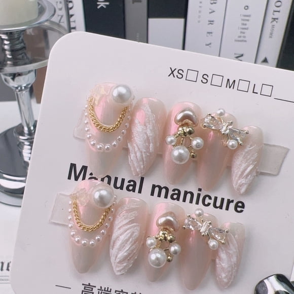 10Pcs original Handmade Pearl jewelry press on nails heavy industry Pink Princess fake nails exquisite luxurious false nails