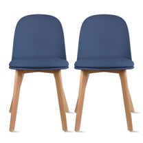 Set of 2 Armless Plastic Dining Chair Wood Legs for Dining Room Plastic Molded Seat With Cushion, Blue