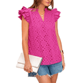 thumbnail image 3 of Blusas de Verano con Ojales para Mujer, Elegantes, Informales, con Cuello en V, Volantes, Mangas , de Algodón, Estilo Bohemio, con Encaje Bordado. Rosa Roja S, 3 of 7