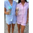 thumbnail image 2 of Women’s 2 Piece Casual Sets Lounge Outfits Cute Love Striped Print Short Sleeve Shirt + Drawstring Lace up Shorts Sets Homewear, 2 of 6