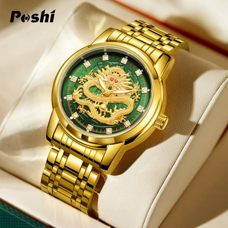 Stainless Steel Fashion Quartz Watch for Man Gold Dragon