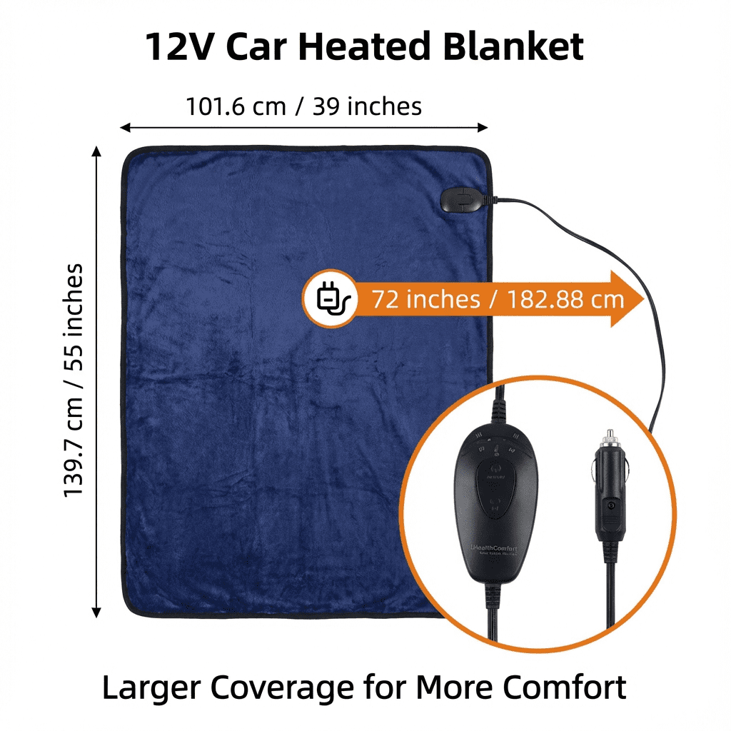 12V Car Heated Blanket with Smart Timer & 3 Heat Settings - Reversible Navy Blue & Dark Grey Electric Flannel Throw - Washable, 72" Long Cord, 55"x39" Large Size for Winter Travel, SUV, RV