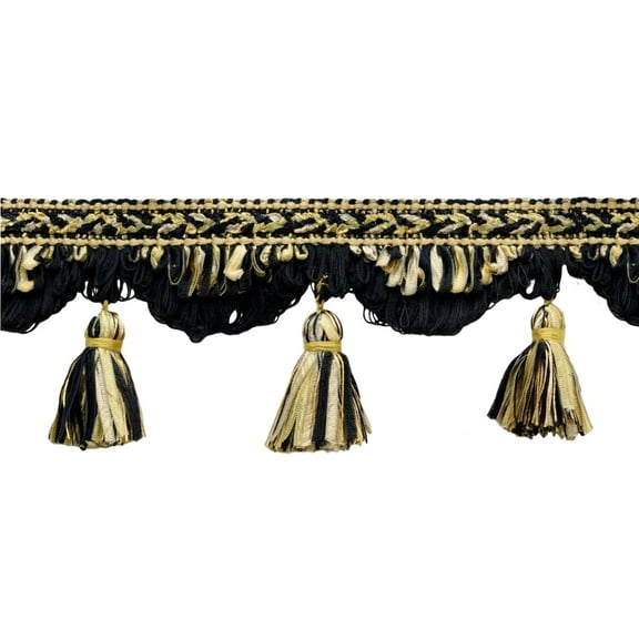4" (10cm) Large Fancy Ribbon Tassel Fringe Trim with Scallop design # RTF0400,, Beige Gold Black #4752 (Pure Black, Yellow Gold, Golden Beige) Sold By The Yard (36"/3 ft/0.9m)