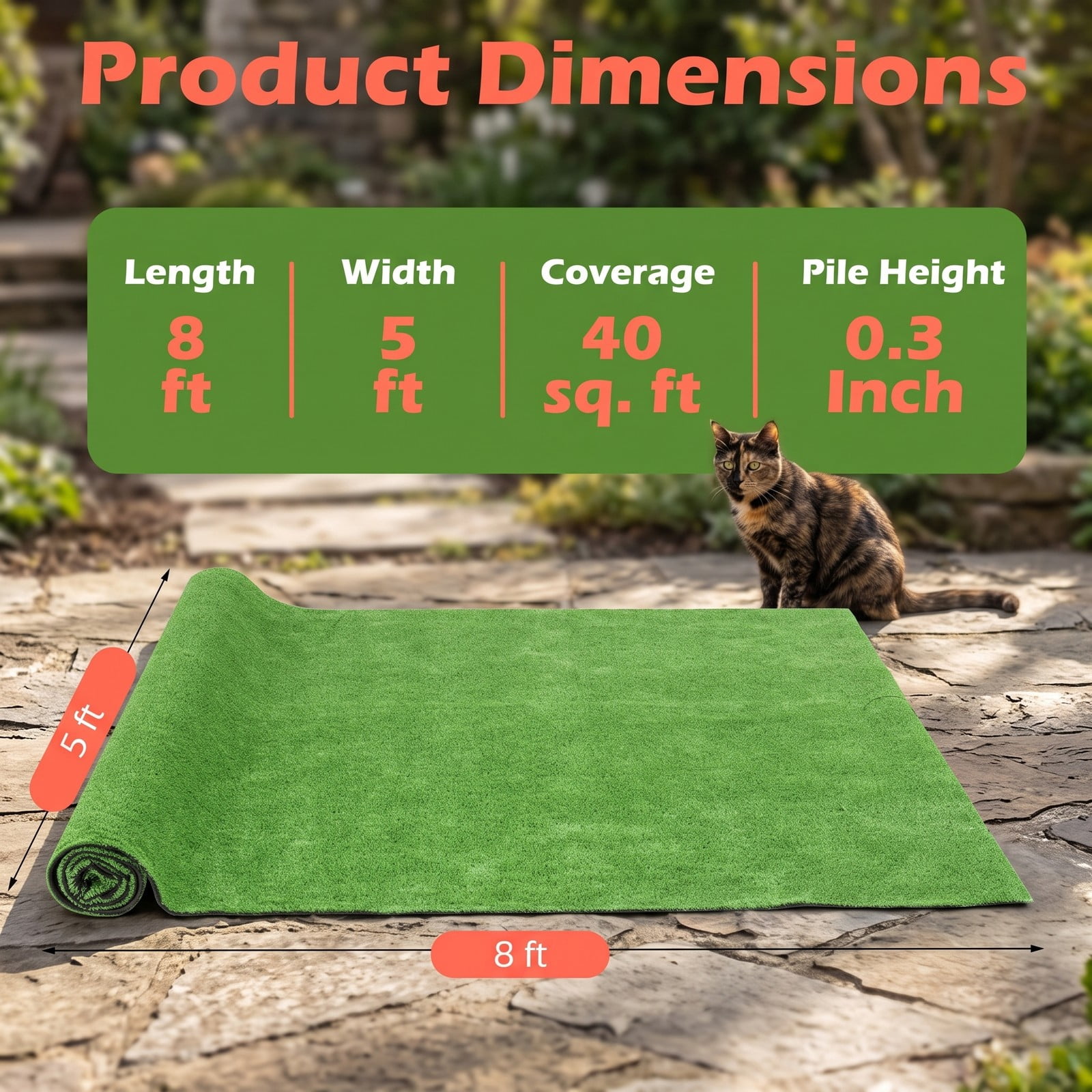 ALPULON 8 x 5 FT Artificial Turf Grass Rug, 40 sq.ft Realistic Synthetic Lawn Mat with Low 0.3 Inch Pile Height, Drainage Holes for Balcony Patio Yard Pet Area, Green