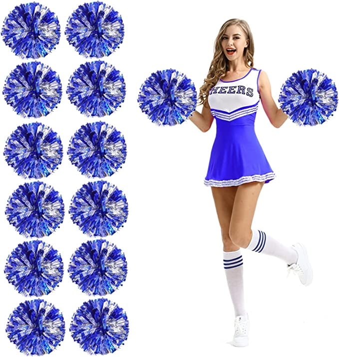 Qiilu pompons Cheerleader Aerobics Pom Poms Pompoms pour Dance Party School  Sports Competition (Silver + Blue)