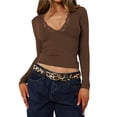 thumbnail image 3 of Blusas de Larga para Mujer con Cuello en V y de Encaje Ajustadas para Salir Marrón S, 3 of 9
