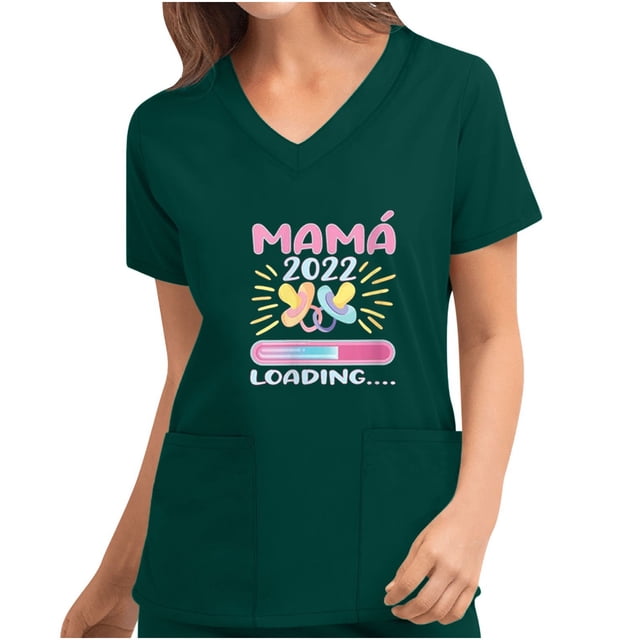 Mujeres de manga corta con cuello en V Tops Uniforme Día de la madre Impreso Bolsillos Blusa Enfermería Pompotops hkajfhjk465077