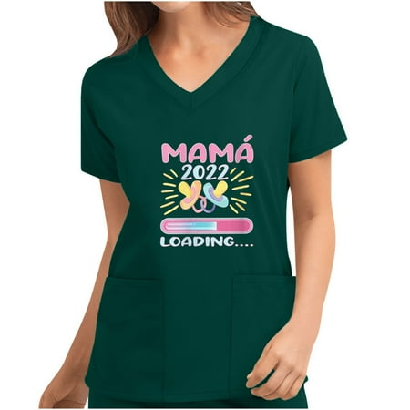 

REORIAFEE Mom Tee Women Letter Printed Graphic Shirts Cute Mama Gifts Casual Summer Tops Pocket Nursing Uniform V-Neck Mama Loading Nurse Scrubs Short Sleeve Green XXL