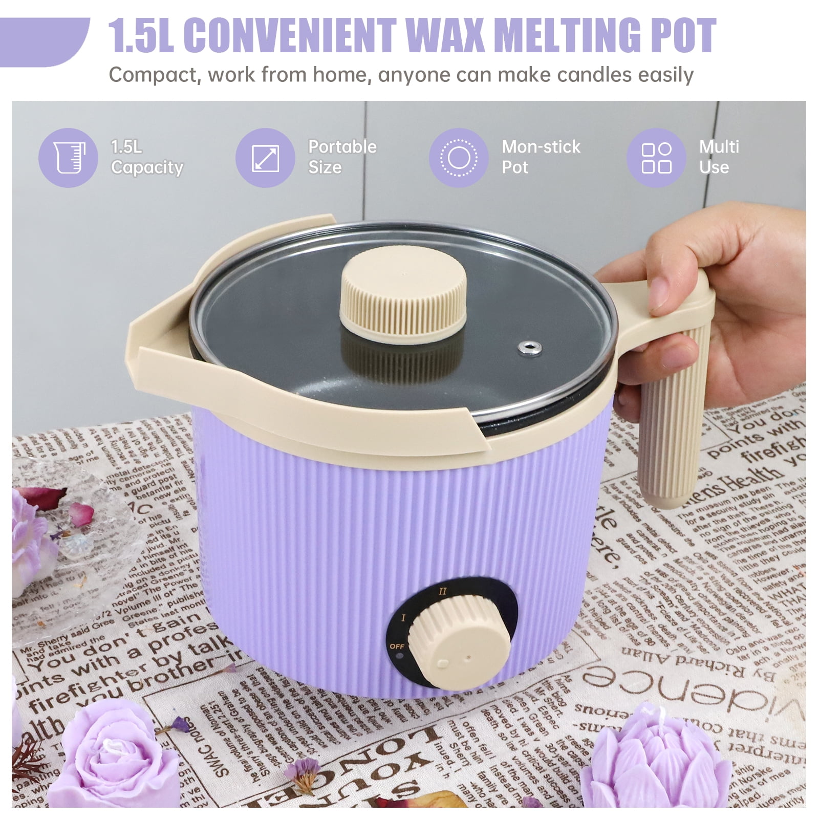 TOAUTO 1.5L Wax Melter Electric Melting Pouring Pot  for Beginner DIY Candle Making AC 120V Purple