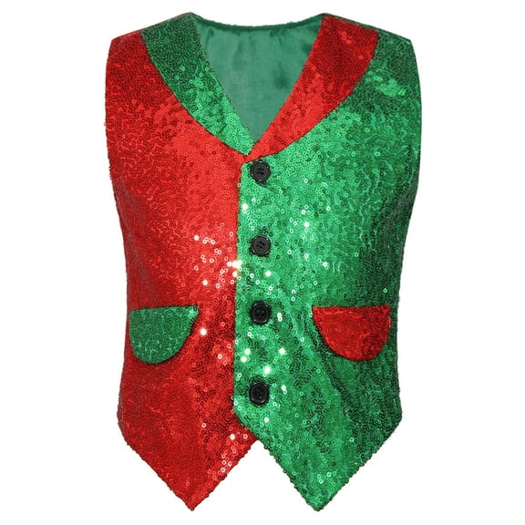 YUUMIN Kids Boys Christmas Santa Claus Waistcoat Sequins Shiny Vest Lapel Collar Dance Tops Red&Green 4