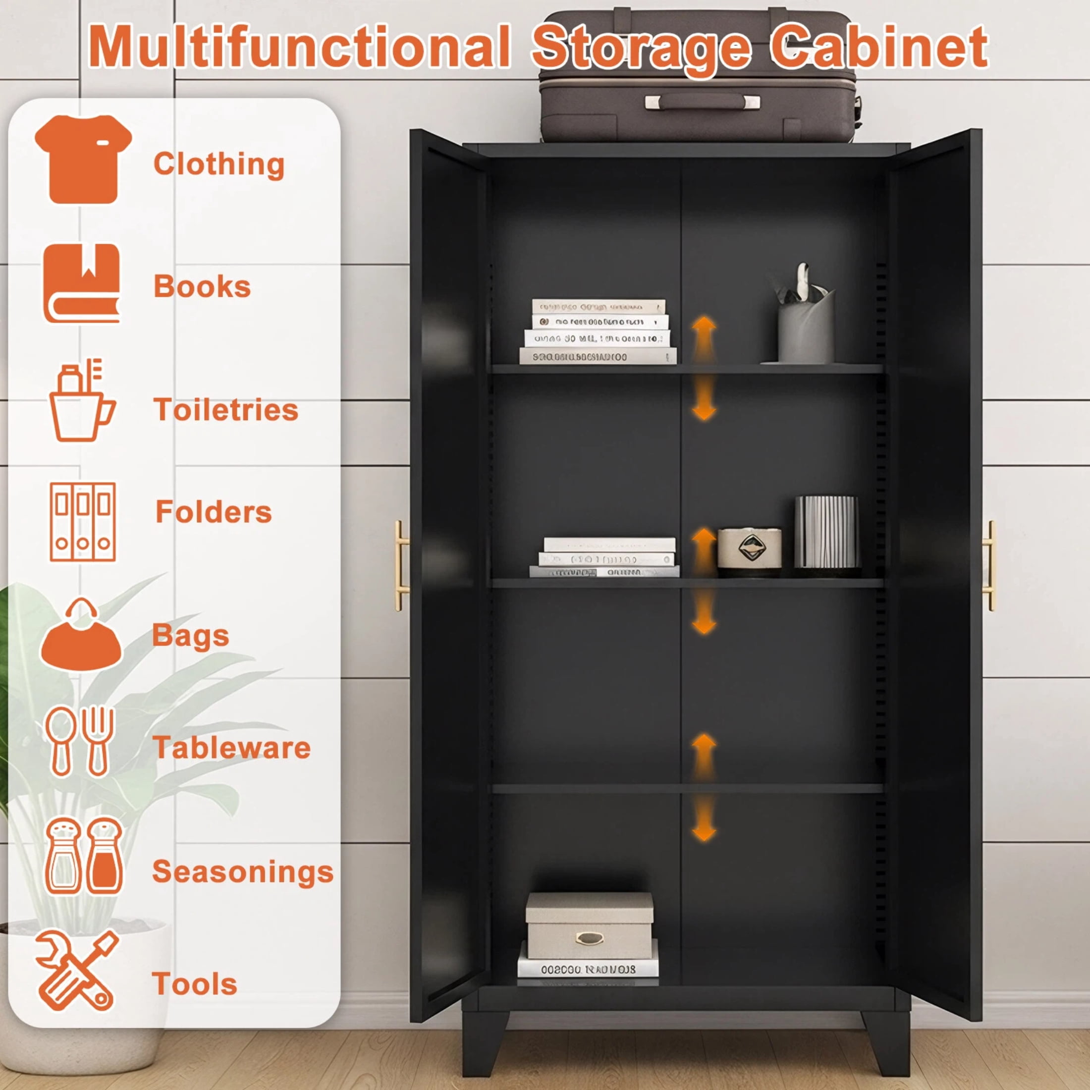 AISWORD 61" Tall Metal Storage Cabinet with Adjustable Shelves, 2 Doors Steel Cabinet for Office, Garage, Utility Room, Kitchen Storage, Black