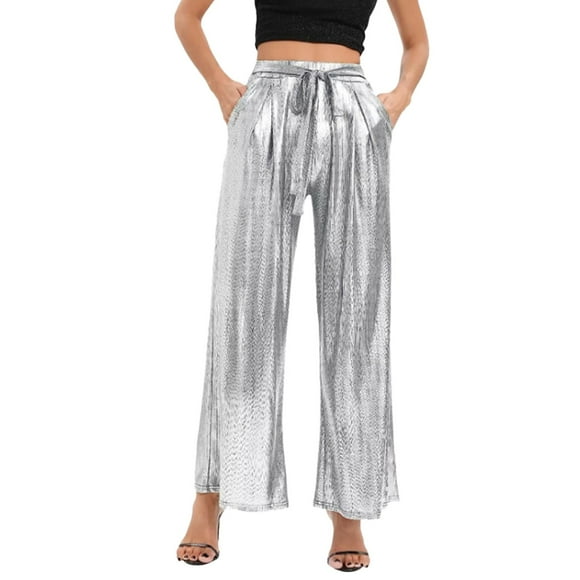 Women's Pants Ladies Beauty Strip Hot Stamping Nightclub Wide Leg Casual Pants Womens Linen Pants Silver M