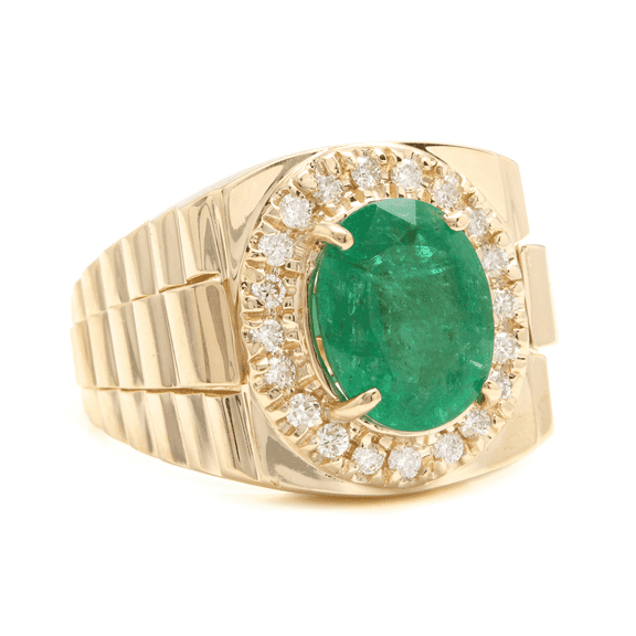 10K Solid Yellow Gold Green Emerald Engagement Ring, Diamond Men's Ring