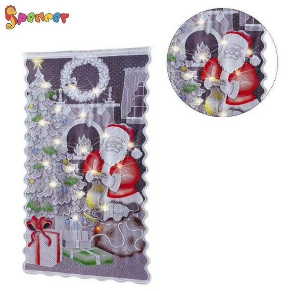 Spencer 84"x40" Christmas Lace Window Curtains, Santa Claus Door Curtains Panel with 20 LED Lights 2 AA Batttery for Home Bedroom Xmas Party Holiday Decor
