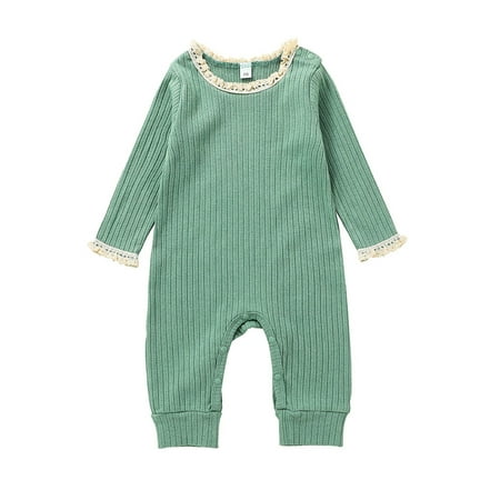 

Canrulo Newborn Infant Baby Girls Lace Ribbed Long Sleeve Romper Jumpsuit Fall Winter One Piece Outfits Light Green 0-6 Months