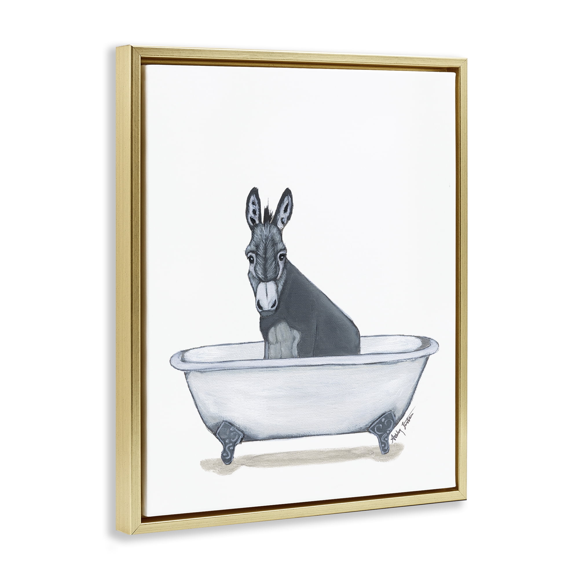 Stupell Industries Donkey in Tub Sketch Bath & Laundry Painting Gold Floater Framed Canvas Art Print Wall Art, 17 x 21