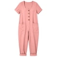 thumbnail image 5 of Women's Cotton Linen Solid‑Color Short‑Sleeve Jumpsuit U‑Neck Button‑Front Loose Baggy One‑Piece Pants with Side Pockets Pink M(M), 5 of 9