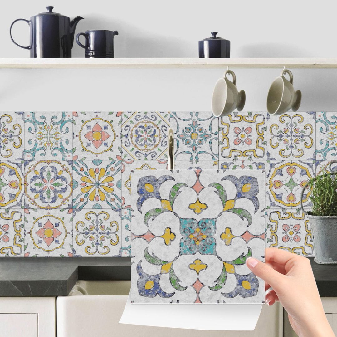 24 Piece Waterproof Vinyl Tiles Stickers 8 x 8in DIY Decor Floral Pattern Self Adhesive Wall Decals Mural Peel and Stick Tile Kitchen Backsplash