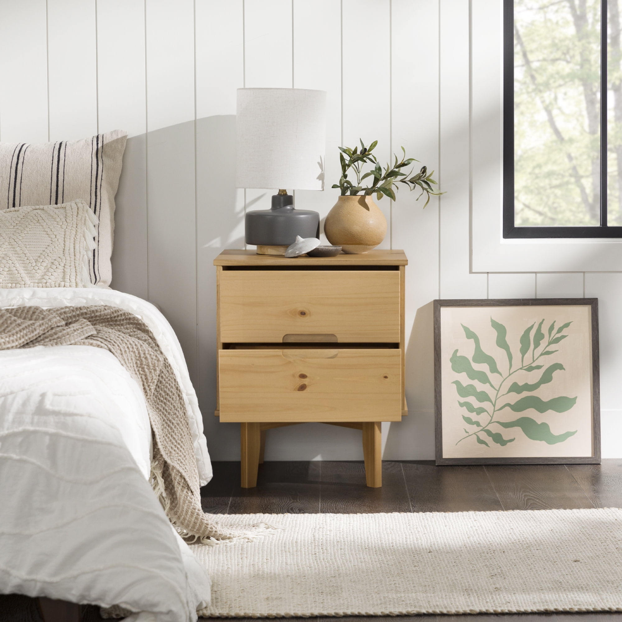 Walker Edison 24” Mid-Century Modern Groove Handle Solid Wood Nightstand, Natural Pine