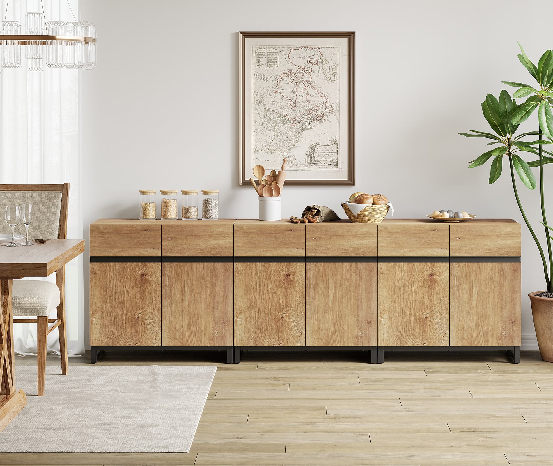 WAMPAT 94.5" Wide 3-In-1 Multifunctional Sideboard Buffet with Adjustable Shelf & Metal Base, Modern Wood Grain Storage Cabinet for Dining Room, Living Room.