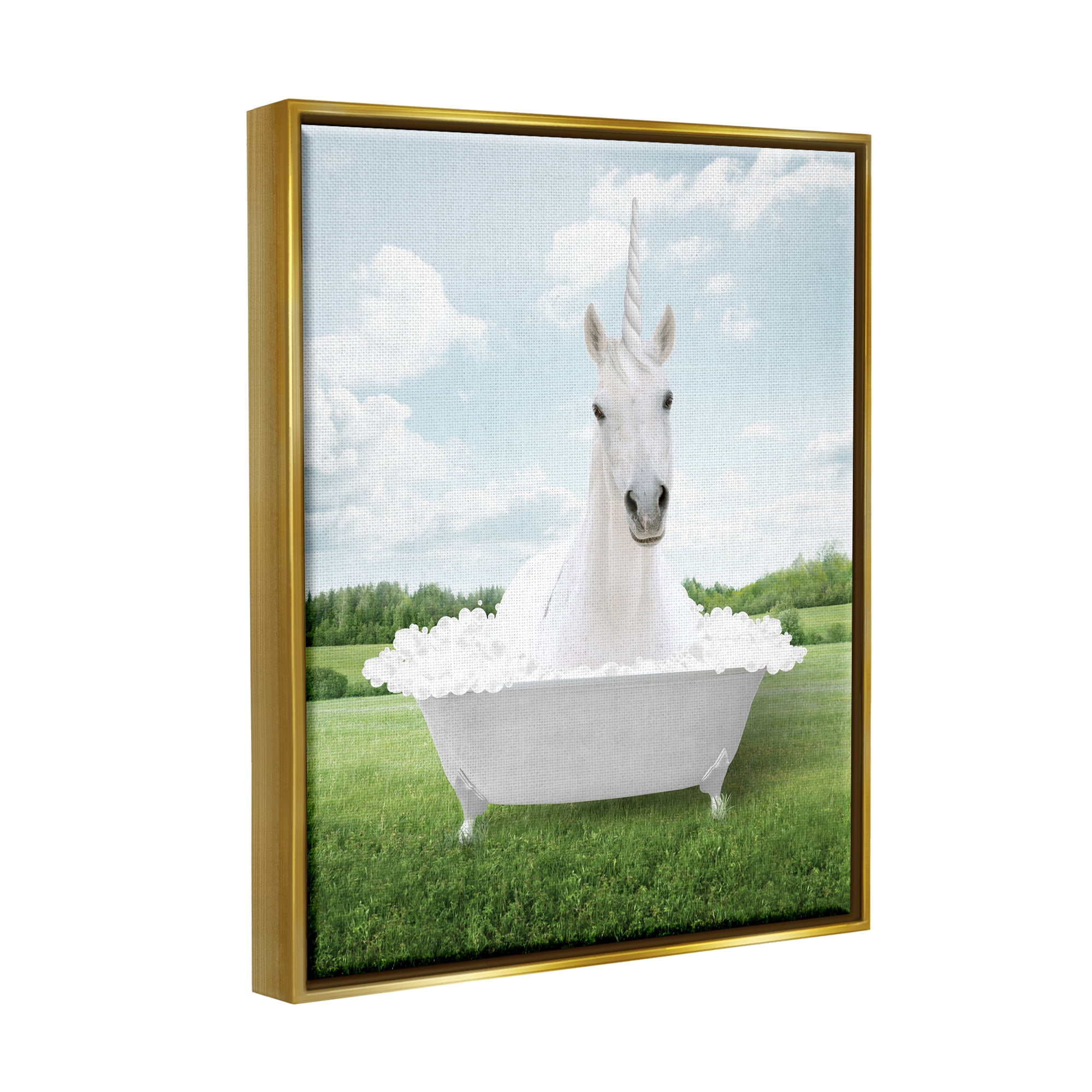 Stupell Industries Unicorn in Tub Landscape Nature Painting Gold Floater Framed Art Print Wall Art, 17 x 21