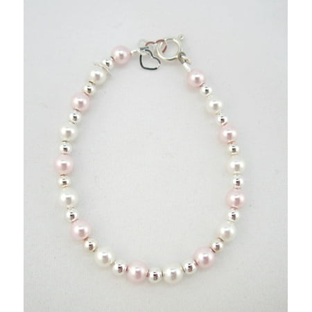 Bead Baby Bracelet - White and Pink Swarovski Pearls with Sterling Silver Mini Beads Bracelet