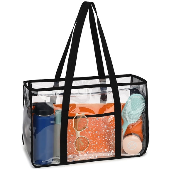 Large Clear Beach Bag , Plastic Beach Tote for Women & Girls,Pool Tote Bag With Zipper Closure, Waterproof, Sandproof,Cruise Vacation Essentials,Black