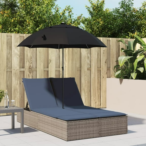vidaXL Double Sun Lounger with Cushions&Parasol Gray Poly Rattan