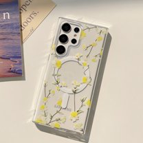 Allytech Clear Case for Samsung Galaxy S25 with Stylish Floral Pattern, Support Wireless Charging, Ultra Thin Lightweight Screen Lens Protection Shockproof Magnetic Case - Yellow Flower