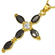 Fashion Alloy Yellow Gold-Tone Religious Cross Black CZ Pendant Necklace