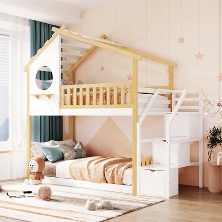 Twin-Over-Twin Bunk Bed  House Bed with Storage Stairway & Guard Rail  Wooden Floor Bunk Beds with Roof & Window for Teens  97.7 L x 40.5 W x 91.8 H  No Box Spring Needed  Natural Bed + White Stair