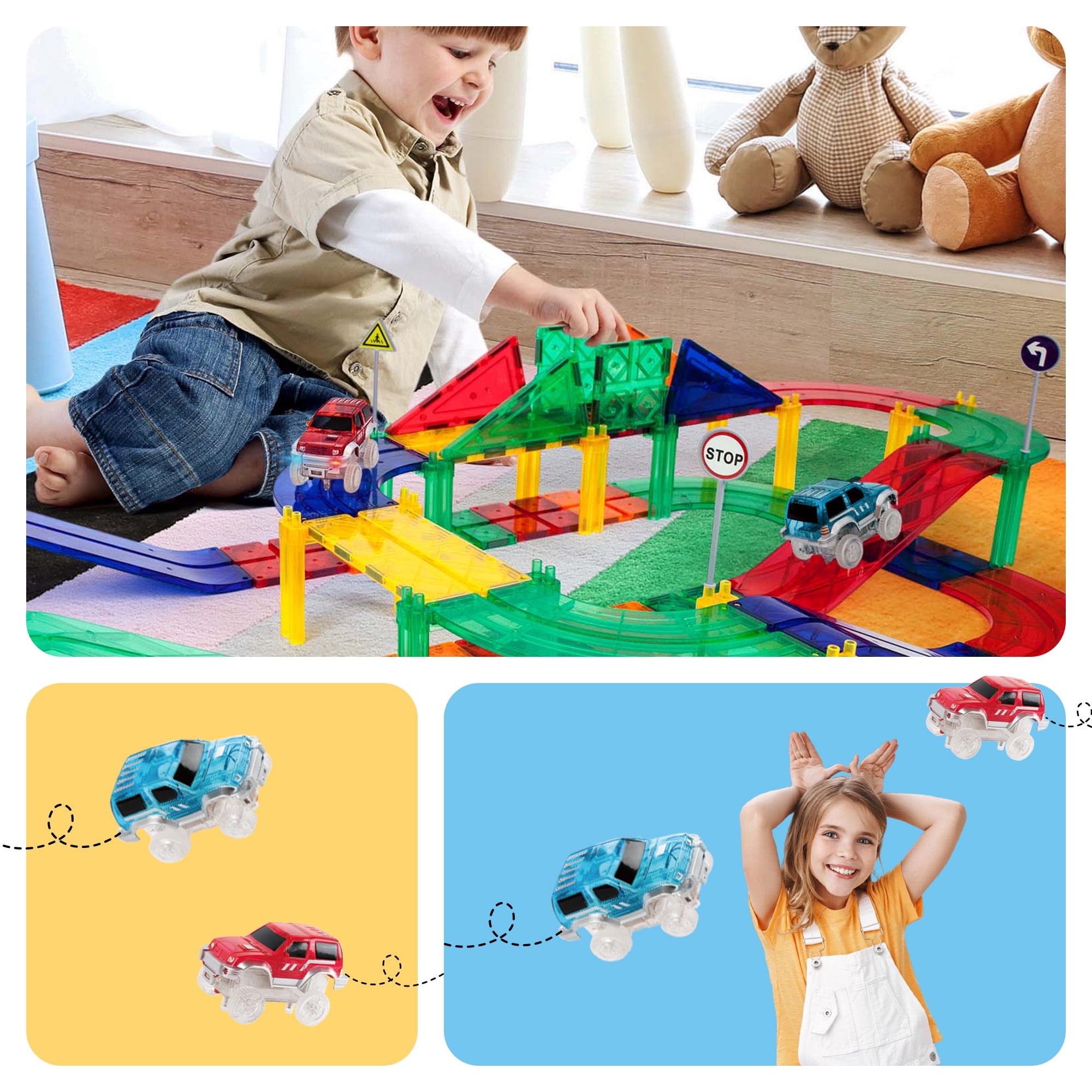 PicassoTiles Race Track Magnetic Tiles for Kids with 2 Racing Cars – 80PCS STEM Construction Building Blocks Educational Toy Set