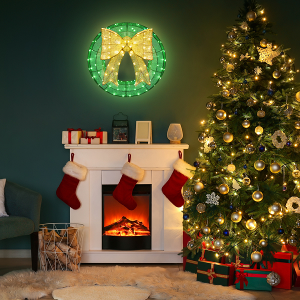 Alvantor 24 in Pre-Lit Christmas Wreath with 200 Green and Warm White LED Lights, Golden Bow and Weather-Resistant Metal Frame