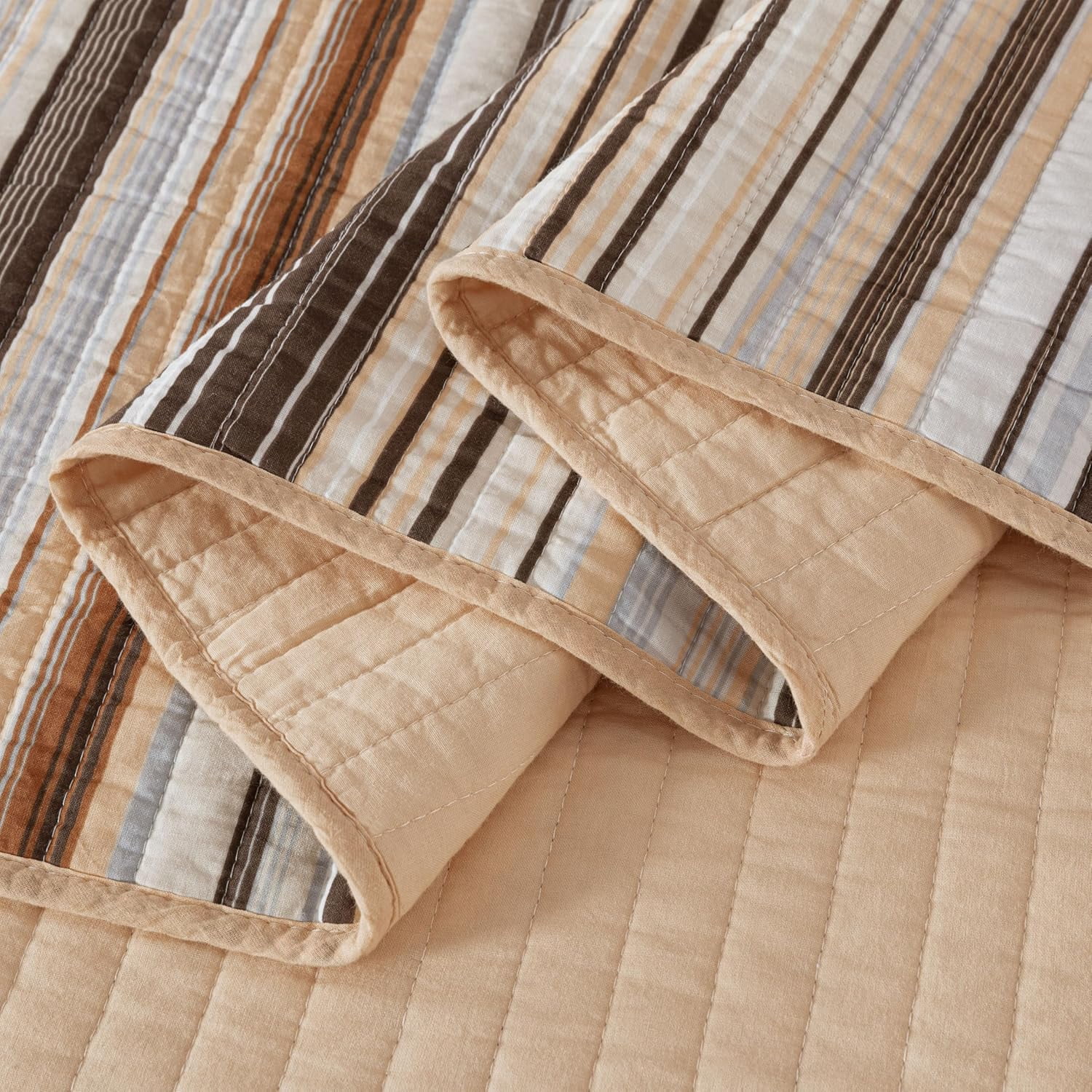 Chezmoi Collection Avery Striped Cotton Quilt Set Queen Size, 3-Piece Soft Pre-Washed 100% Cotton Quilt, Multi-Color Brown