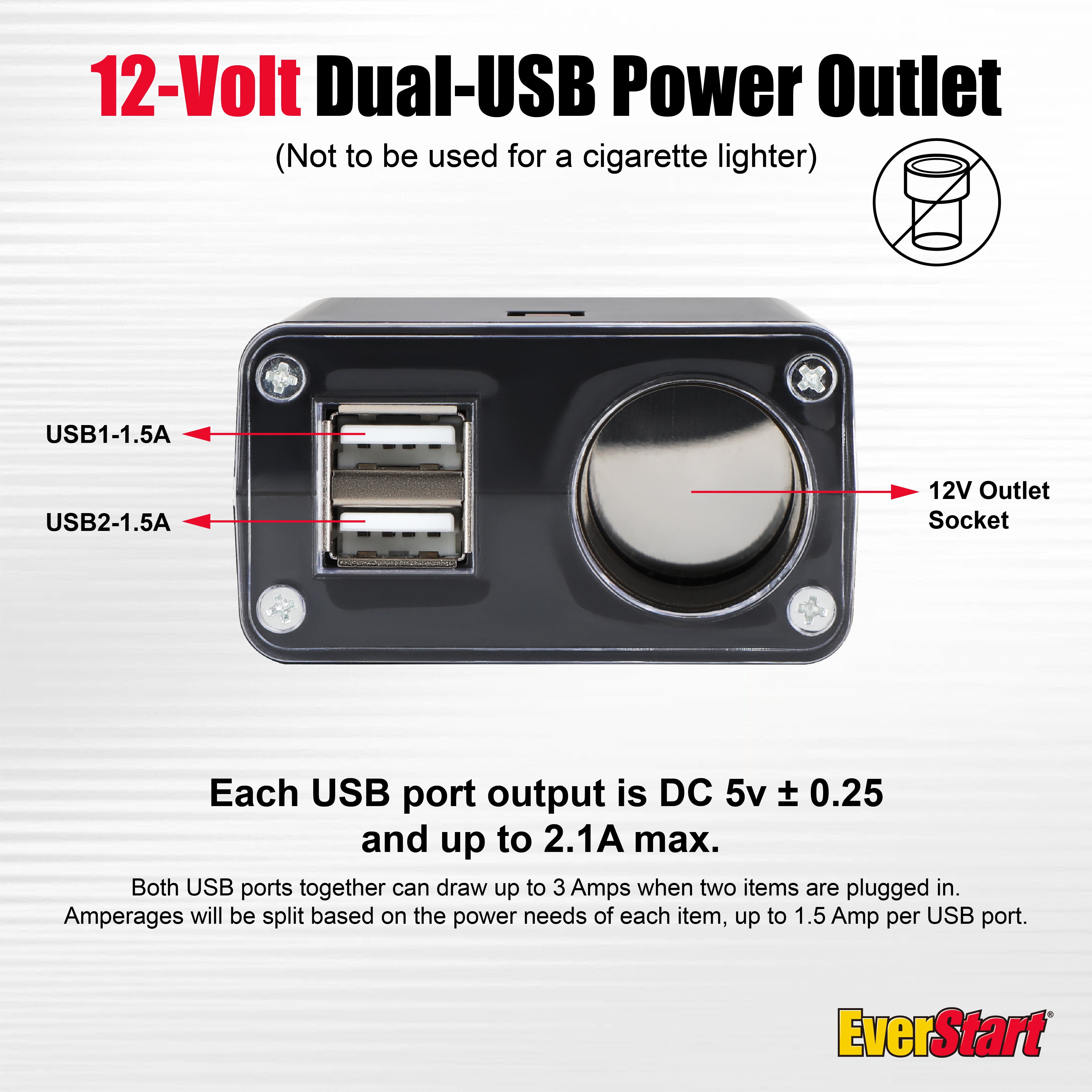 EverStart 12V Dual USB Car Power Adapter with Additional Power Outlet, Easy Installation, Overload Protection, Black