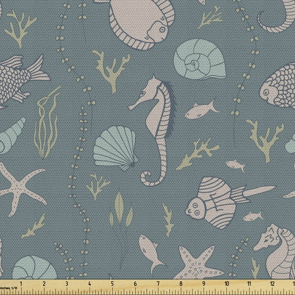 Ambesonne Marine Fabric by the Yard Upholstery, Underwater Creatures Coral, 5 Yards, Grey Teal Warm Taupe