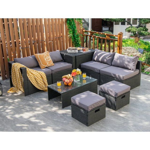 Costway 8PCS Patio Rattan Furniture Set Storage Table Ottoman Grey cover