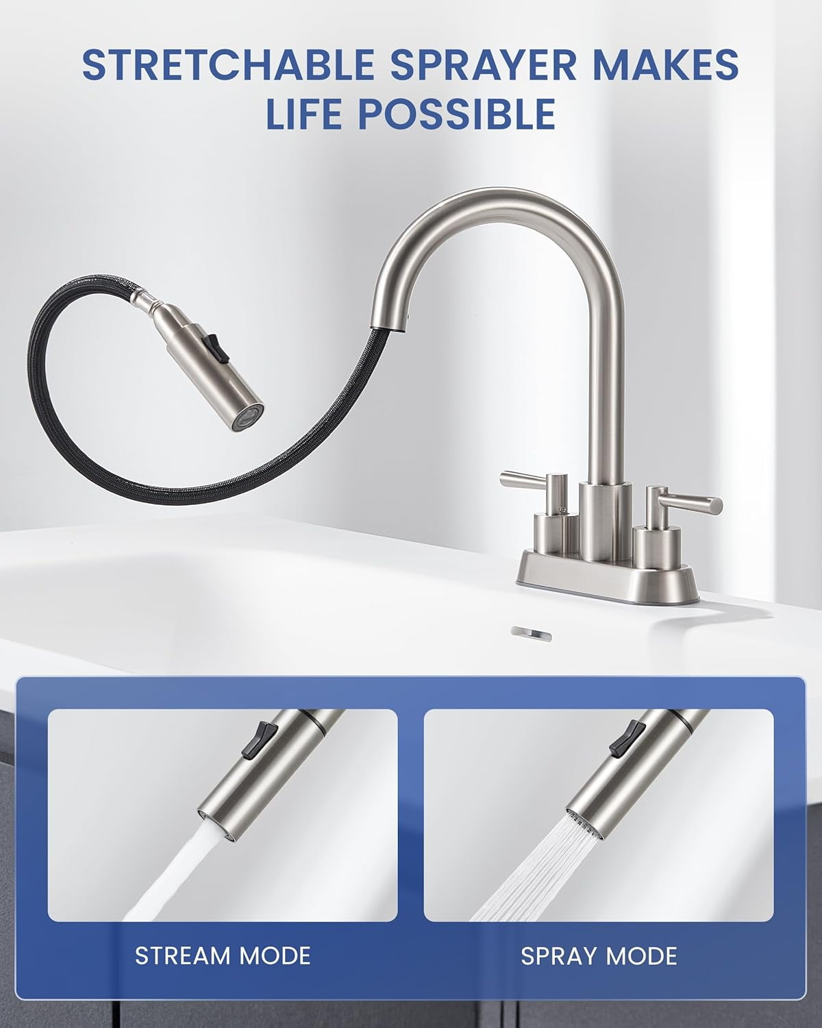 Bathroom Faucet with Pull Out Sprayer, Brushed Gold Bathroom Faucet 3 Holes, 2 Handle Bathroom Sink Faucet with 360 Degree Swivel Spout, Pop Up Drain Assembly Included