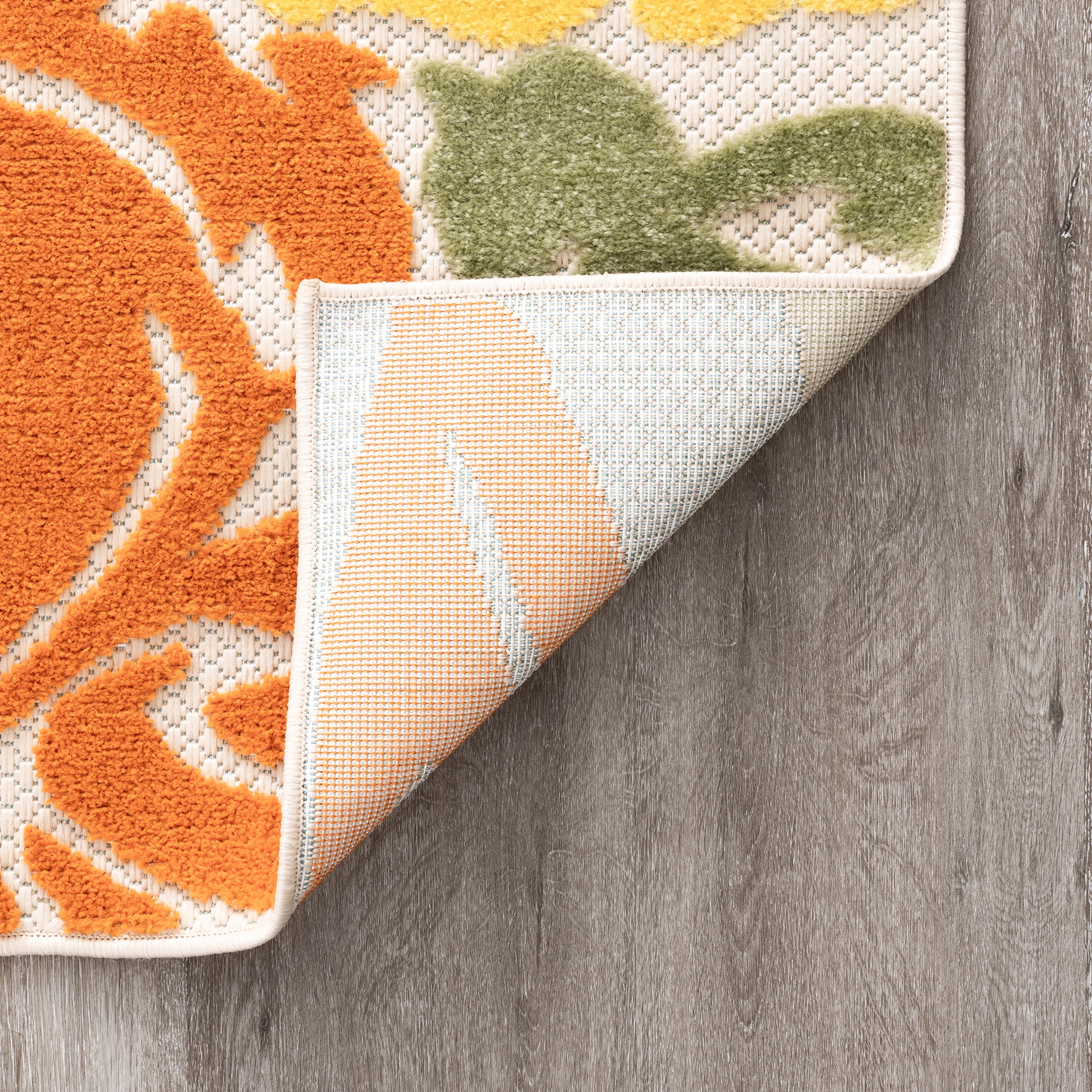 Oasis Modern Floral Gold and Orange Polypropylene Indoor Outdoor Runner Rug, 2'x8' Rectangle