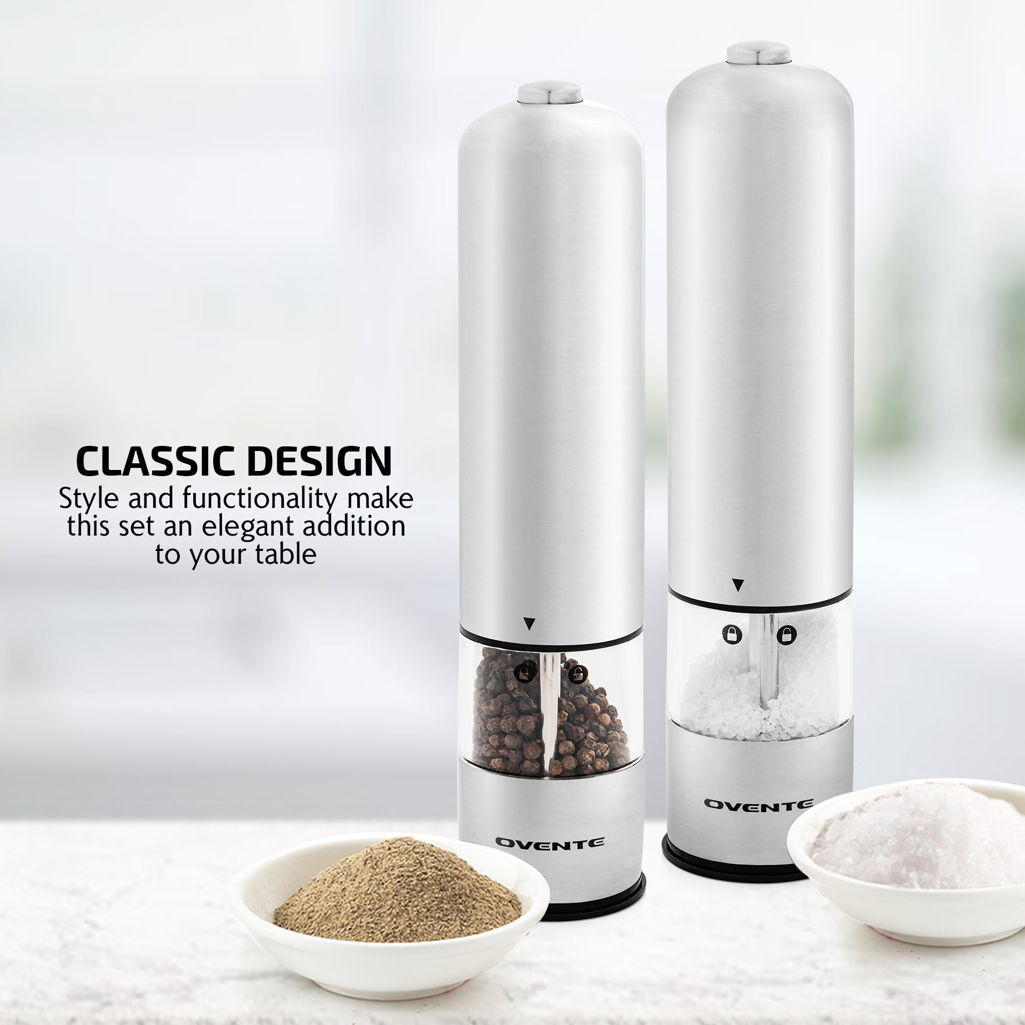 OVENTE Stainless Steel Silver 2-in-1 Automatic Electric Salt and Pepper  Grinder, Battery Operated, 6 AAA SPD121S - The Home Depot