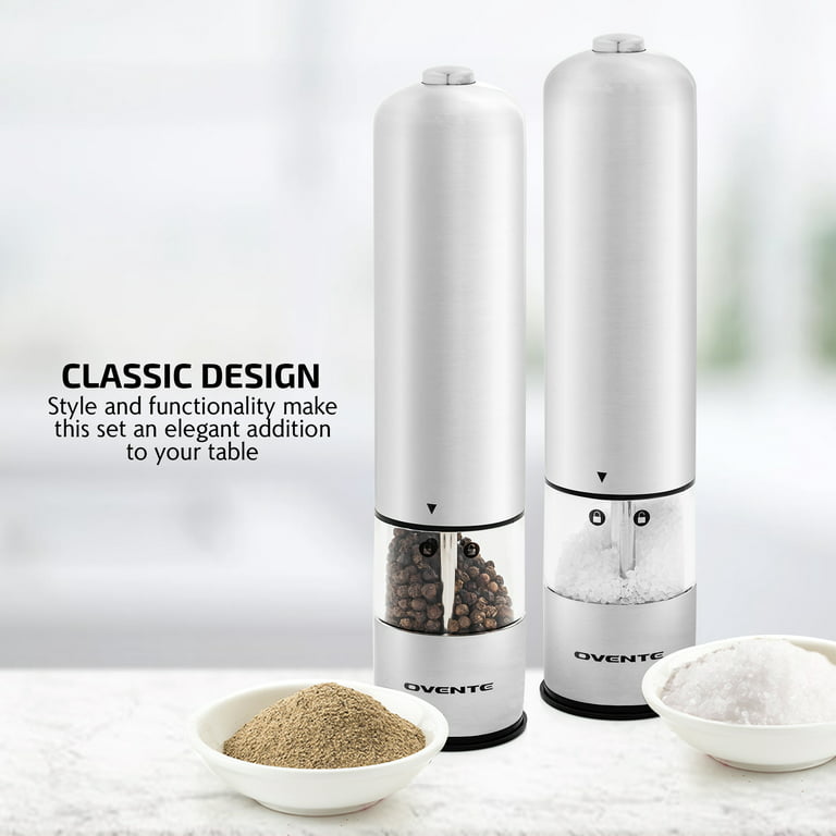 OVENTE Electric Stainless Steel Tall Sea Salt and Pepper Grinder