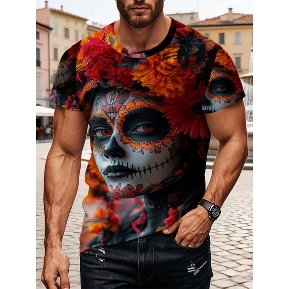 Men's Mexican Day of the Dead T-Shirt - 3D three-dimensional floral skull and crown print, casual crew neck short-sleeved T-shirt, suitable for year-round wear, themed parties and cultural clothing