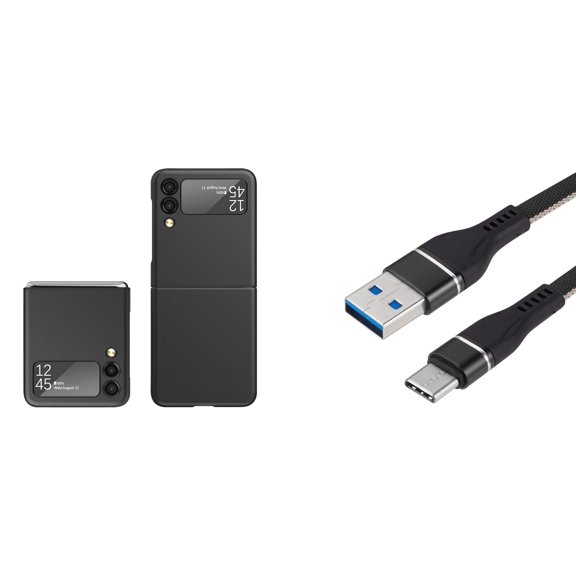 Bemz Galaxy Z Flip 3 5G Premium Bundle: Slim Rubberized Matte Snap On Case (Black), Nylon Braided USB-C to USB-A Cable (3 Feet)