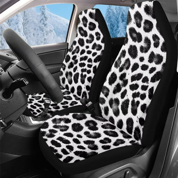 Uorisanigo Car Seat Cover Front for Cars, Soft Plush Black and White Leopard Print Auto Seat Cover 2 Packs, Car Accessories for All Season Protection of Your Seats