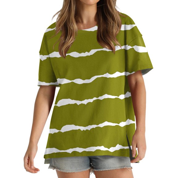 Wycnly Summer Tops for Women Dressy Tops for Women Loose Fit Side Slit Irregular Swing Hem Shirts Casual Striped Print Tops Girls Crewneck Short Sleeve Tunic Top Flash Deals