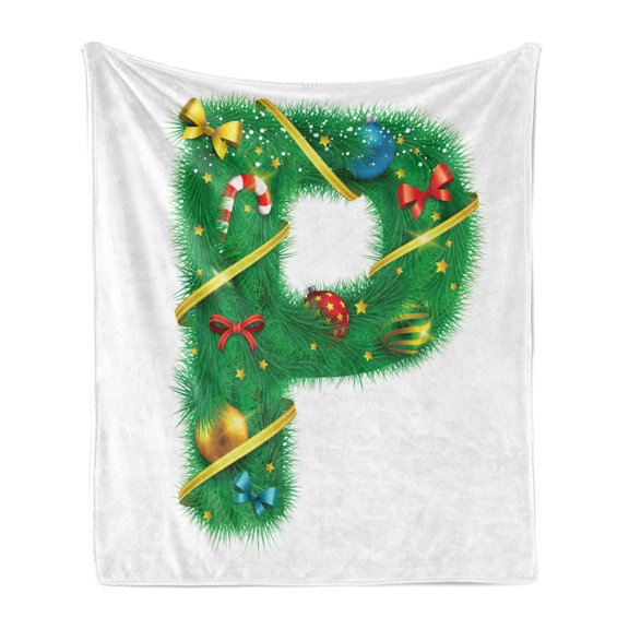 Christmas Alphabet Soft Flannel Fleece Blanket, The Letter P with Traditional Holiday Elements Illustration Pattern, Cozy Plush for Indoor and Outdoor Use, 50" x 60", White and Green, by Ambesonne