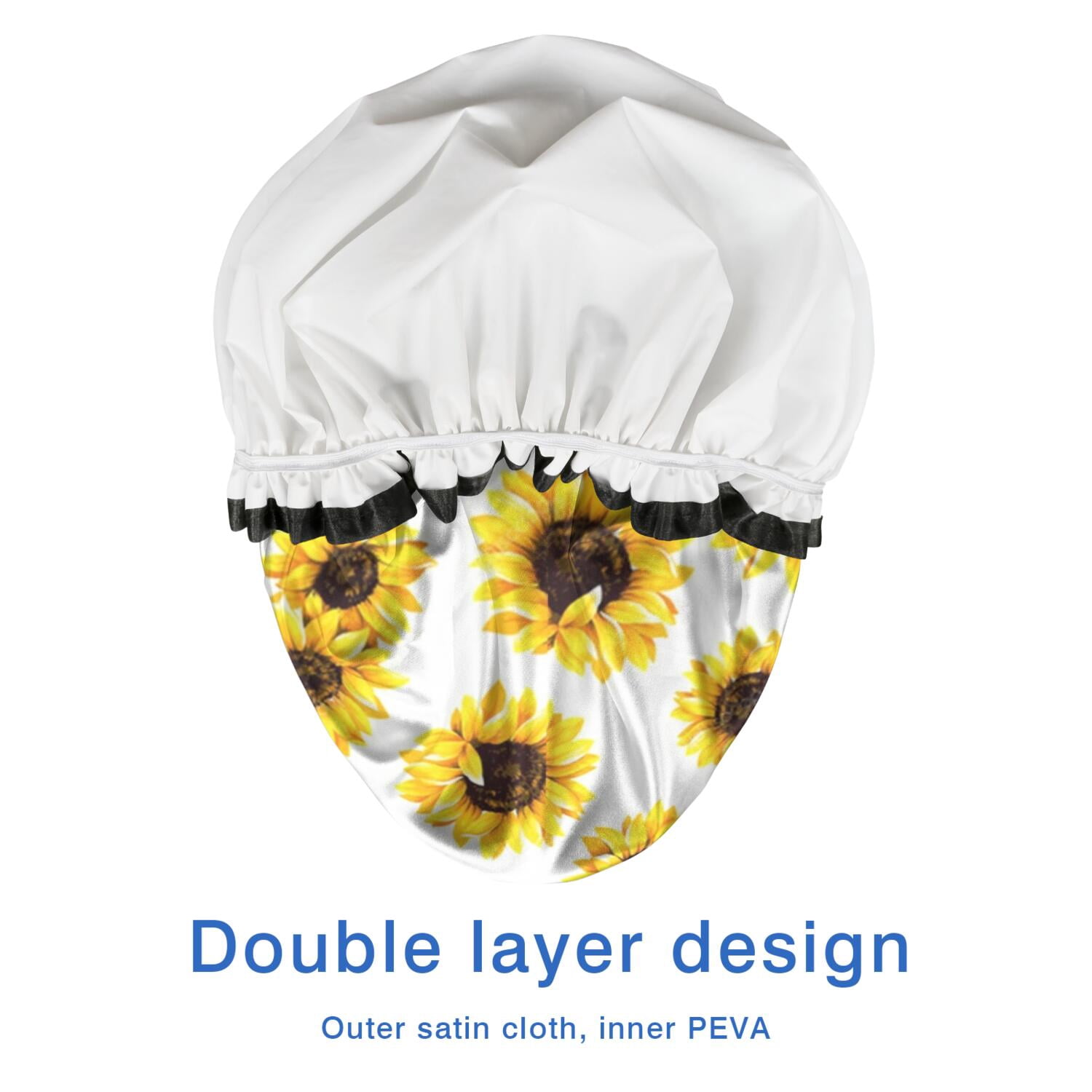 Shower Caps,White Yellow Sunflower Pattern Waterproof Shower Cap for Women 4 Pieces,Double Reusable Hair Cover for Shower PEVA Elastic Stretch Hem