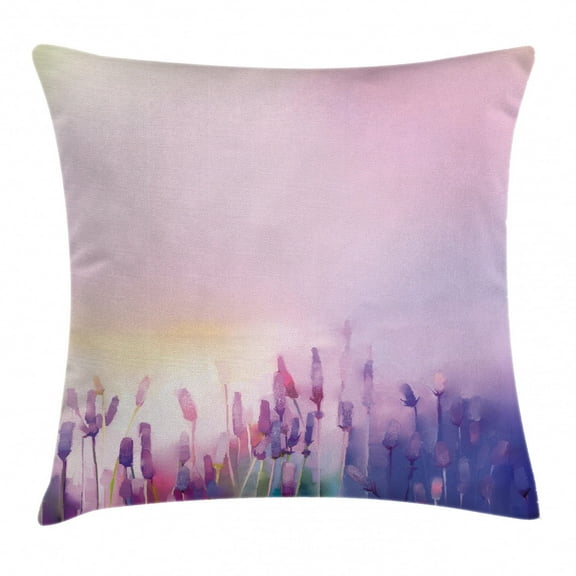 Watercolor Flower Home Decor Throw Pillow Cushion Cover, Blurred Lavenders in the Meadows Rural Country Nature Theme, Decorative Square Accent Pillow Case, 16 X 16 Inches, Lilac Purple, by Ambesonne