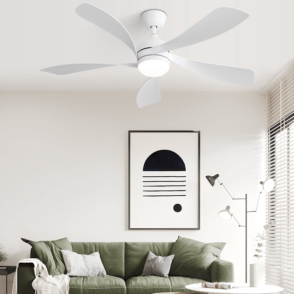 "Sofucor 52"" White Flush Mount Ceiling Fan with Lights, Quiet Reversible DC Motor, 3-Color LED, 5 Blades"